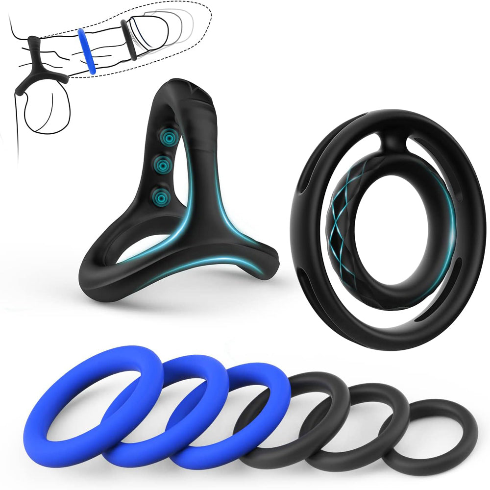 Pack of 8 penis rings - cock penis ring for couples sex with testicle rings, dual cock ring 