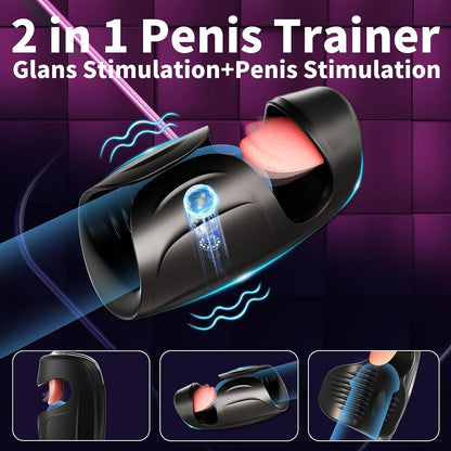 2-in-1 Penis-Trainer Elektrische Eichelvibrator mit 10 Leckmodi + 10 Schlagmodi