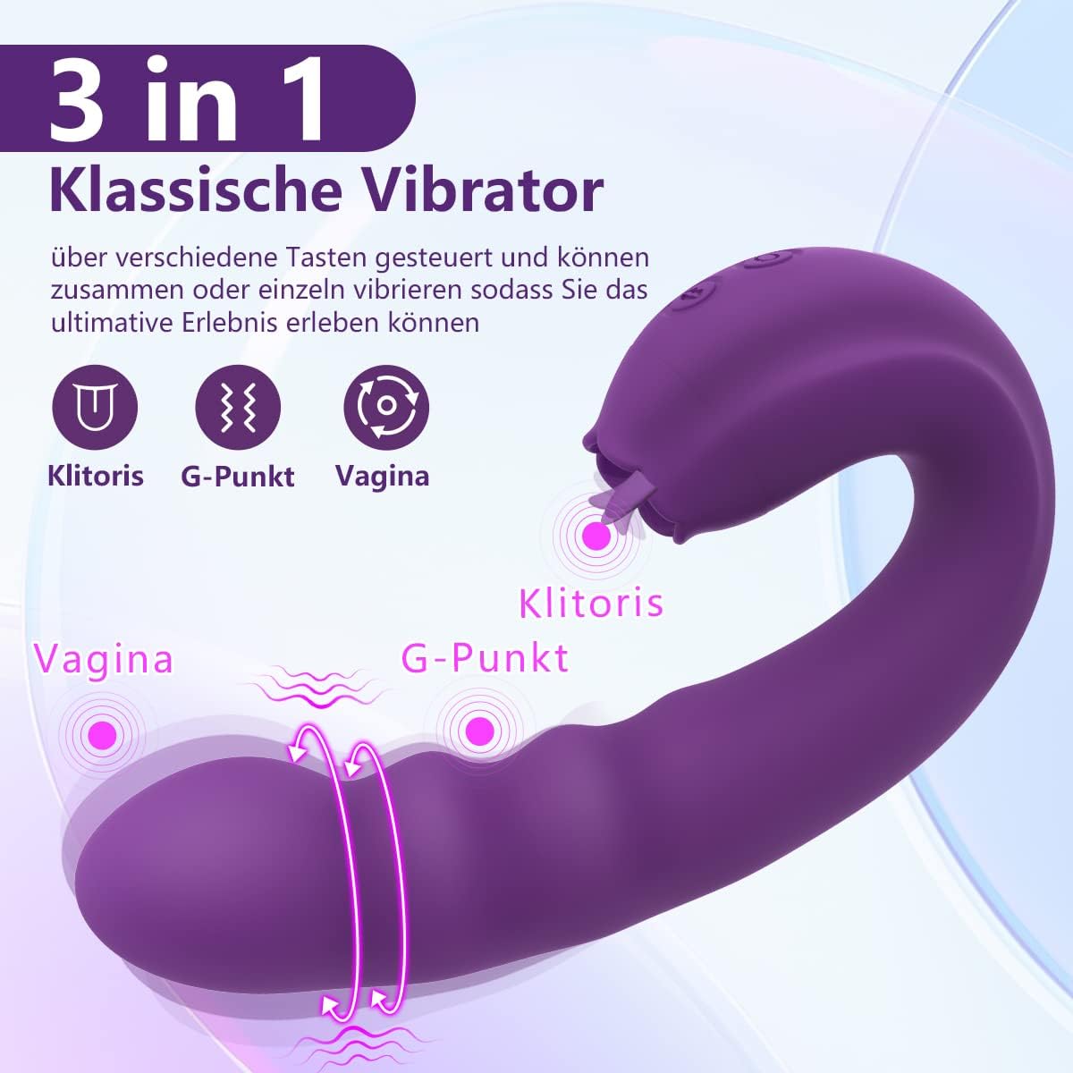 3 in 1 clitoris G-spot vibrator with 10 thrust function, 10 rotation, 3 tongue licking 