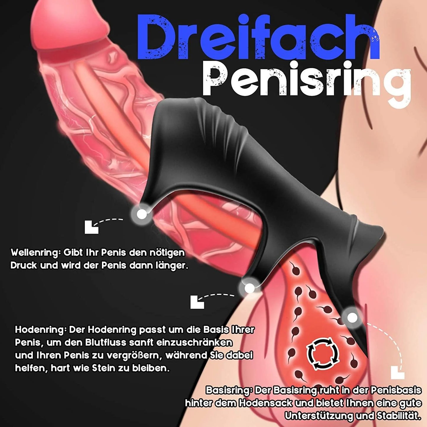 Drievoudige cockring testikel penisstimulerend zwart