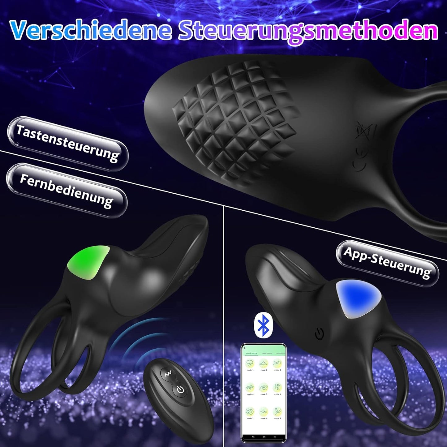 APP &amp; remote control &amp; button control cock ring penis vibrator with 9 strong vibration modes 
