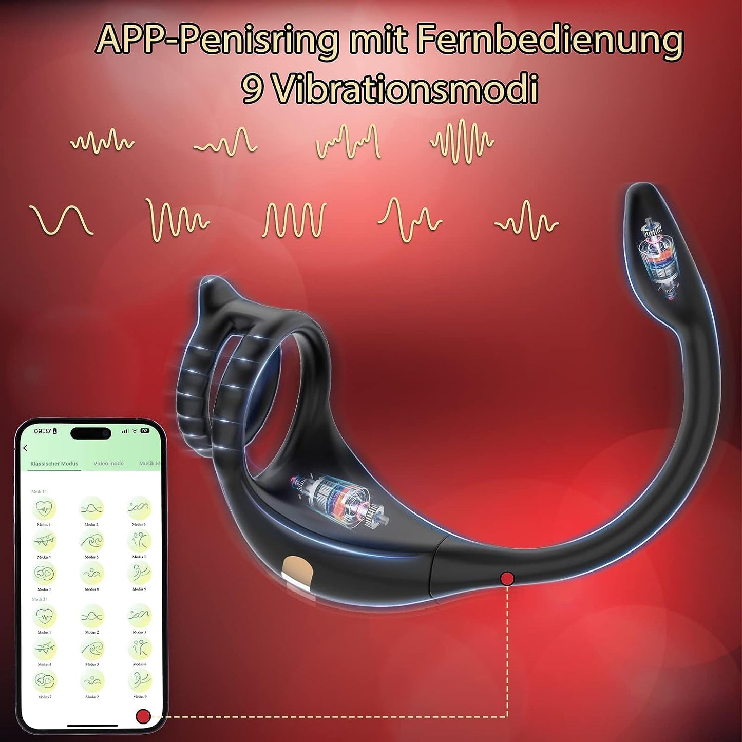 Penisring prostaatstimulator APP-bediening met 10 vibratiemodi 